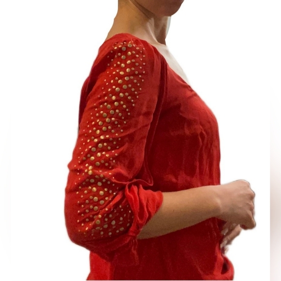 WHITE HOUSE BLACK MARKET Silk Relaxed Red 3/4 Sleeve Gold Stud Blouse (#1,541) - Picture 11 of 12